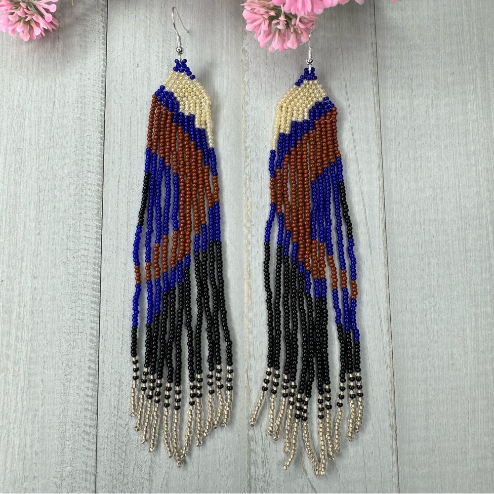 Handmade Seed Bead Beaded Earrings Elegant Native American Style 6” Long